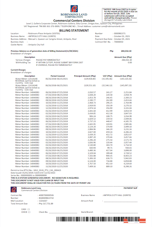 PHILIPPINES ROBINSON LAND CORPORATION utility bill Word and PDF template